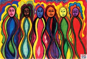 Painting of queer women in rainbow colors.